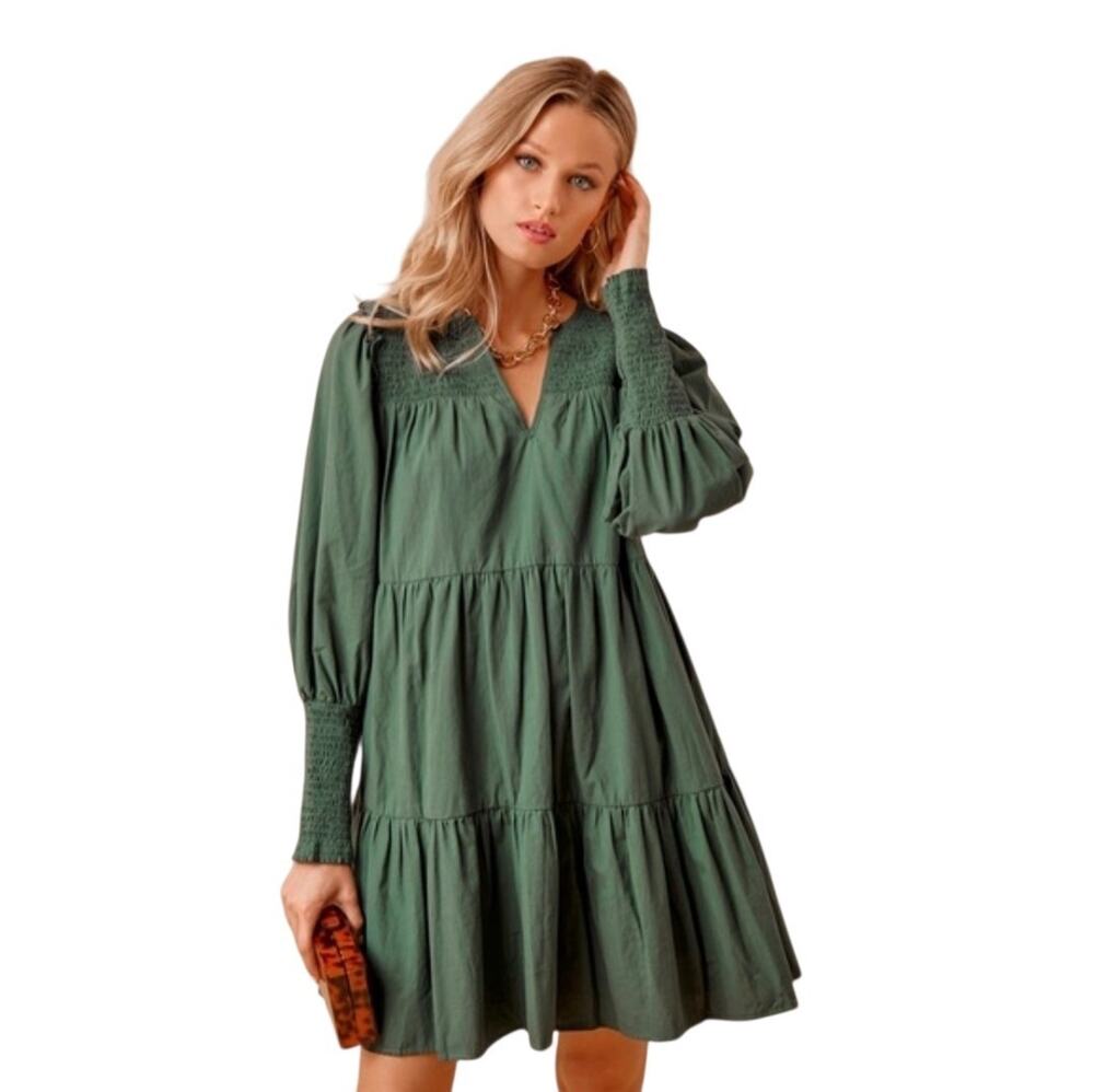 Pomander Place Womens Cici Dress Jaguar Green Smocked Long Sleeve Size Small